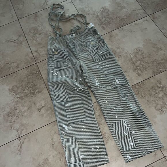 Free People Striped Overalls in Olive and White - Picture 6 of 10